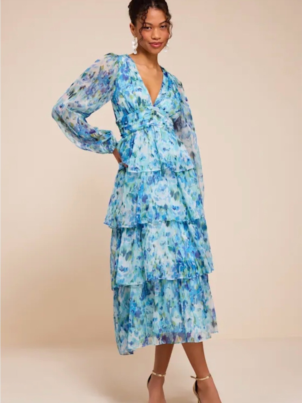 Lulu's Blue & Aqua Floral Tiered Maxi Dress